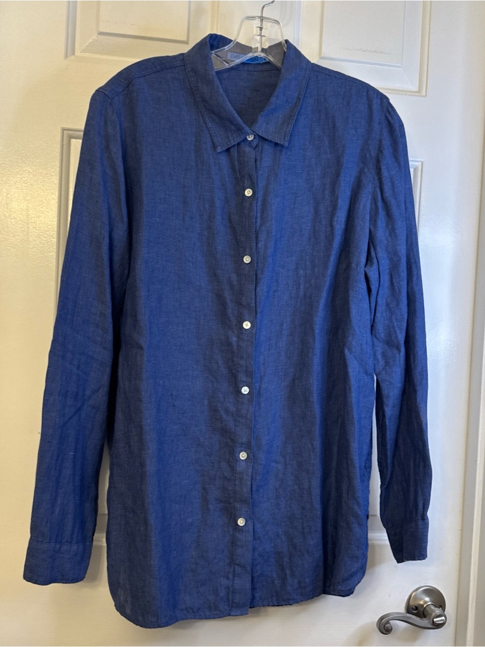 J.McLaughlin Linen Ink Blue Button Front Shirt XL Coastal Preppy Lightweight